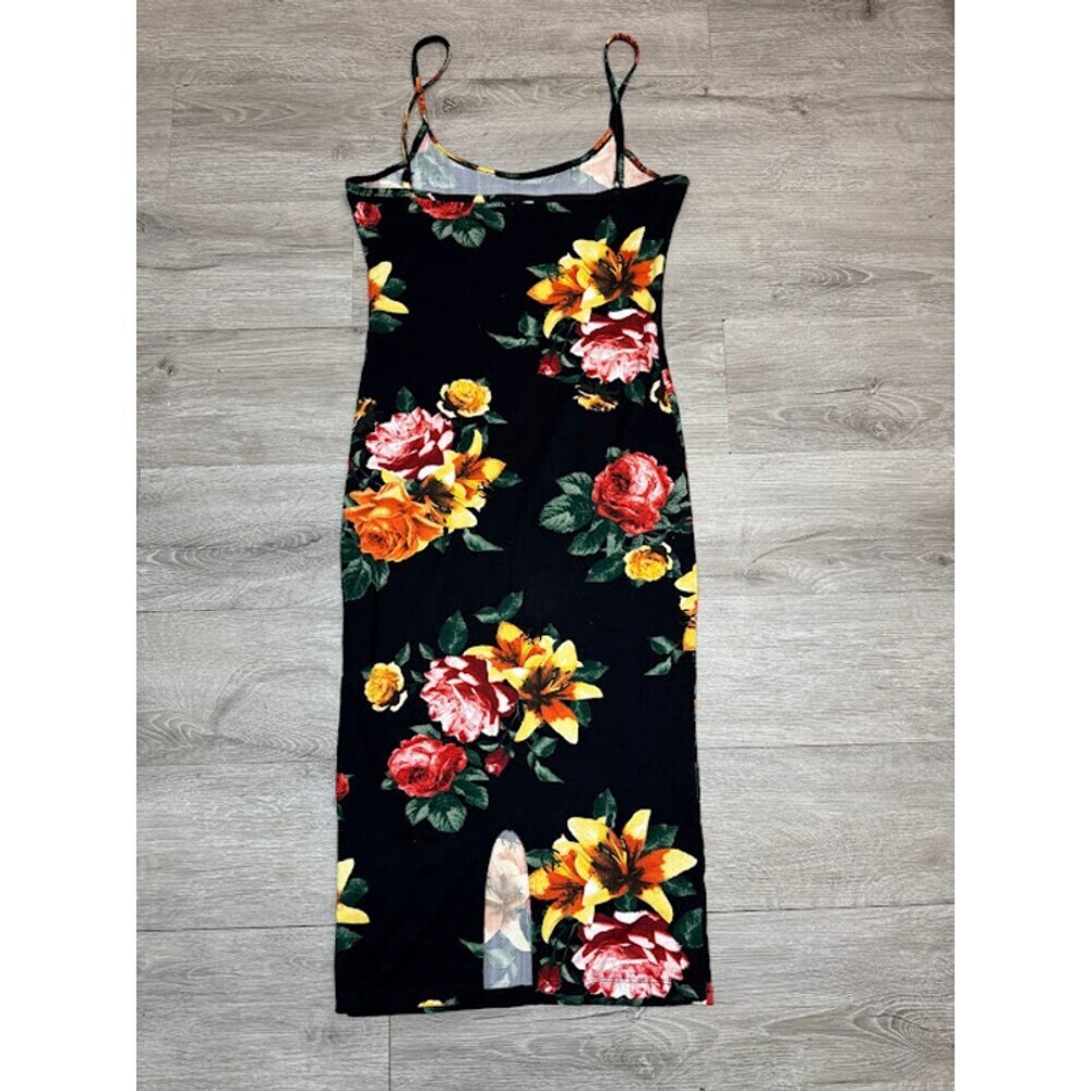 Floral Midi Bodycon Dress Black Sleeveless Spaghetti Strap Back Slit Stretch S - Picture 3 of 5